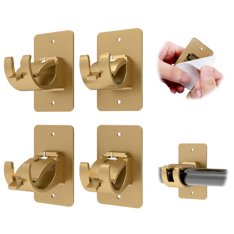 CIEMGNZOC 4PCS No Drill Curtain Rod Brackets  Self-Adhesive Curtain Rods No Drilling  Nail Free Adjustable Curtain Rod Holders  Curtain Hooks for Rod Less Than 1.57 Inch Diameter (Gold) - Image 1
